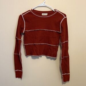 Urban Outfitters Rust Waffle-Knit Long Sleeve Crop Top with Contrast Seams